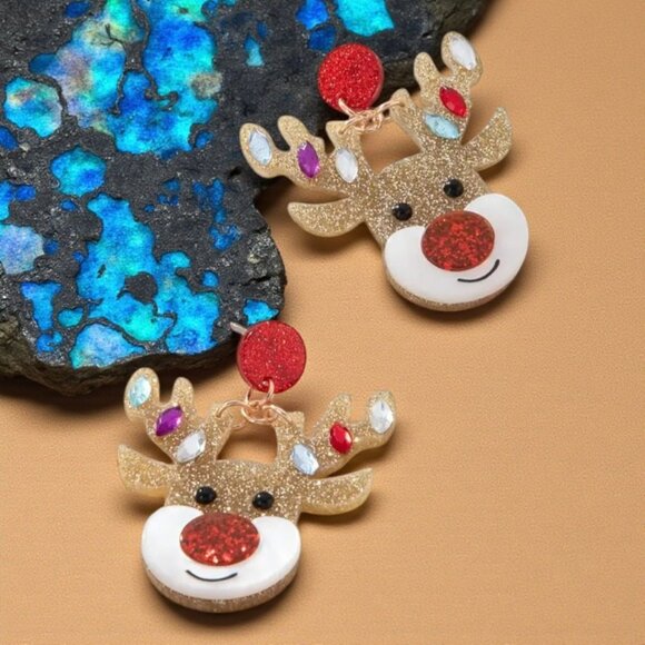 🆕Christmas Holiday Reindeer Head Novelty Earrings Glittery Rhinestone Dangle - Picture 12 of 14